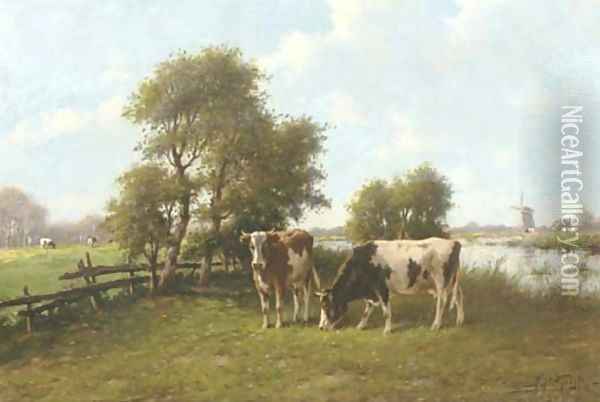Cattle grazing by a river in summer Oil Painting - Adriaan Marinus Geyp