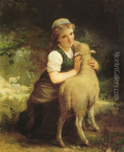 Young Girl With Her Sheep Oil Painting - Emile Munier