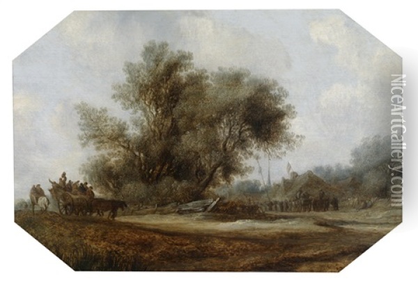 Ein Pferdewagen Auf Einem Weg In Der Nahe Eines Dorfs Oil Painting - Salomon van Ruysdael