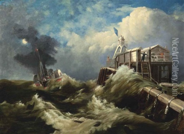 A Steamer At A Pier In A Storm Oil Painting - Josef Karl Berthold Puettner