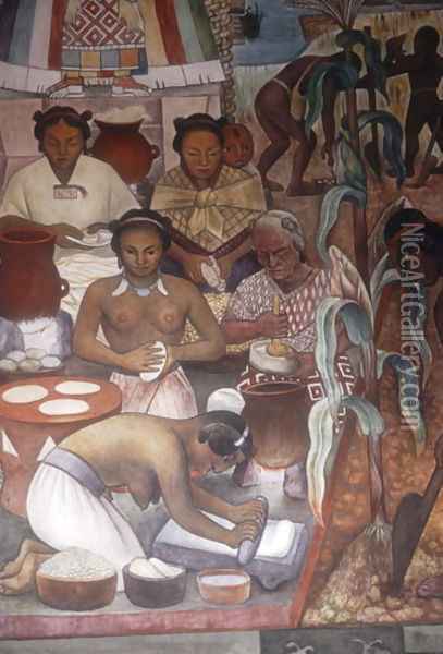 Cultivation of Maize and Preparation of Pancakes, detail from the Huastec Civilisation, 1950 Oil Painting - Diego Rivera