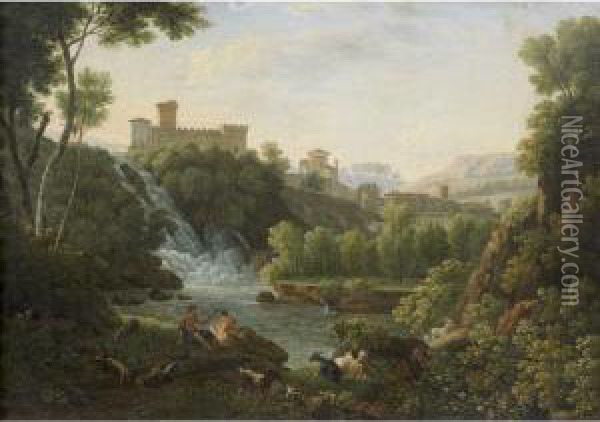Paysage A La Cascade Et Aux Bergers Oil Painting - Jean-Baptiste Claudot De Nancy