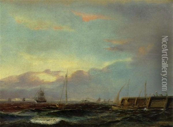 Sejlskibe Pa Havet Ved Et Havneindlob Oil Painting - Carl Julius Emil Olsen