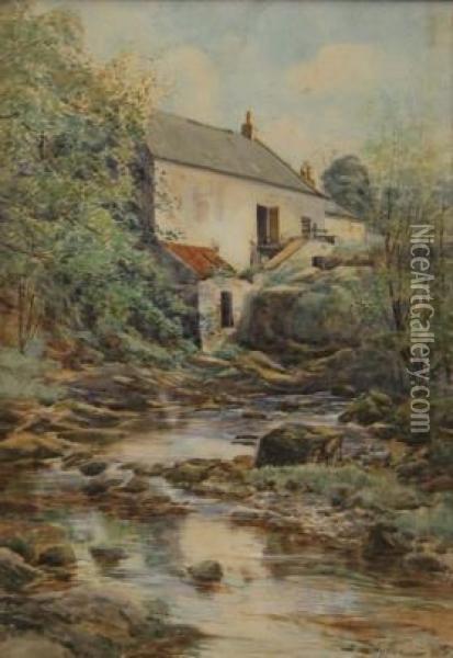 River And Country House Oil Painting - Thomas Swift Hutton