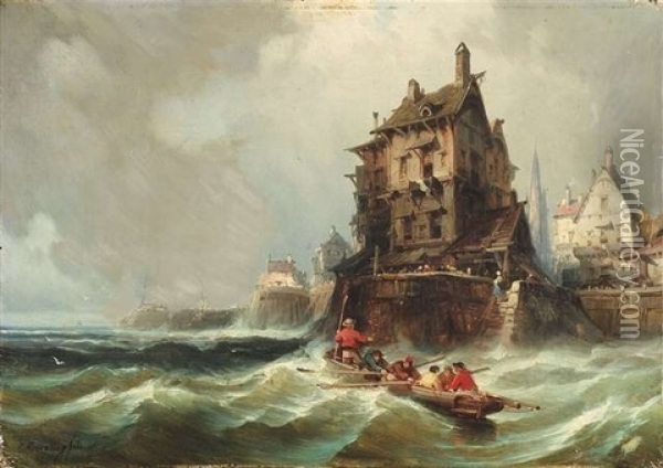 Ruderboot In Sturmischer See Vor Einem Dorf An Einer Steilkuste Oil Painting - Charles Euphrasie Kuwasseg