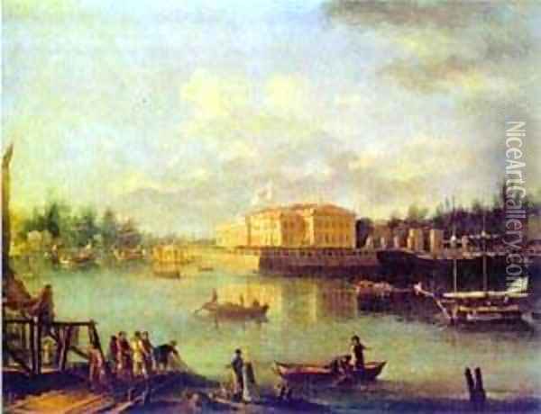 View On The Kamennoostrov Palace Through Bolshaya Nevka From The Stroganov Seashore 1803 Oil Painting - Semen Fedorovich Shchedrin