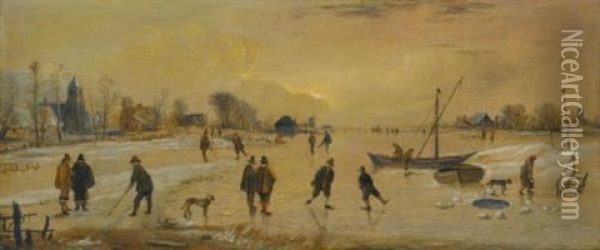 A Winter Landscape With Skaters And Kolf Players, A Village To The Left Oil Painting - Aert van der Neer
