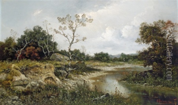 Eine Flusslandschaft Mit Spaziergangerin Oil Painting - Adolf Kaufmann