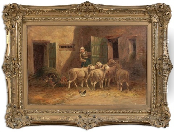 Moutons Et Poules Dans L'etable Oil Painting - Emile Jacque