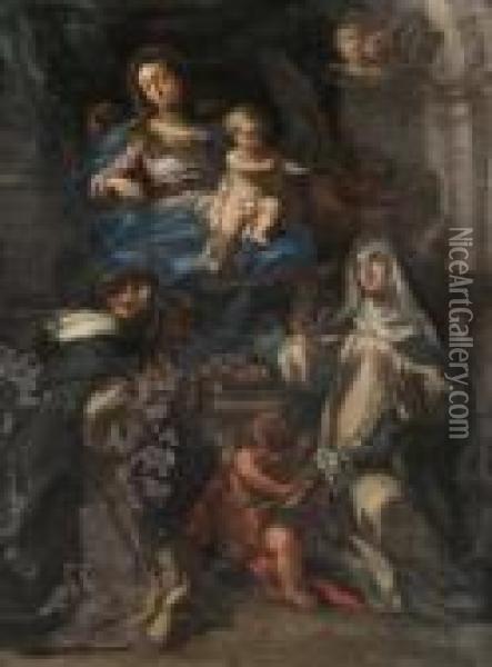 Madonna Del Rosario In Trono Coni Santi Domenico E Caterina Da Siena Oil Painting - Sebastiano Conca