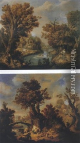 Paesaggio Fluviale Con Contadini Oil Painting - Johannes (Jan) Glauber