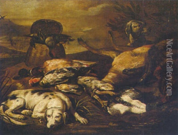 A Landscape With A Still Life Of Game And Dogs Resting Oil Painting - Baldassare De Caro