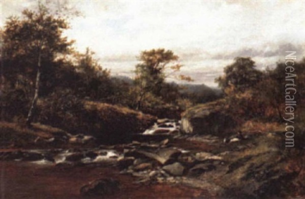 Highland Stream With Figure And Dog Oil Painting - David Bates