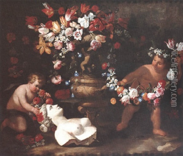 Putti Ornant De Guirlandes De Fleurs Un Buste De Femme Sculpte, Gisant Au Pied D'une Vasque Fleurie Oil Painting - Abraham Brueghel