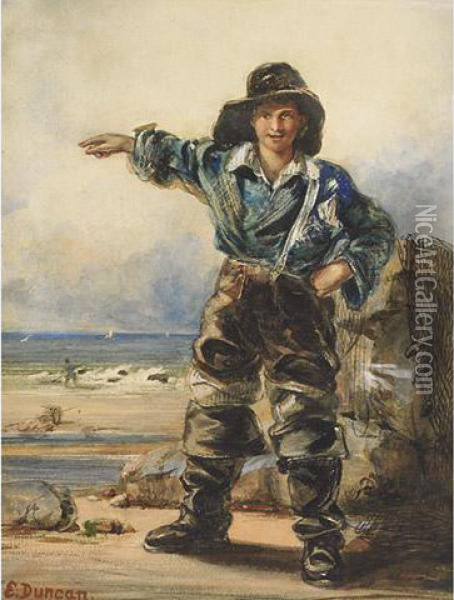 Young Clammer Signalling The Incoming Catch Oil Painting - Edward Duncan