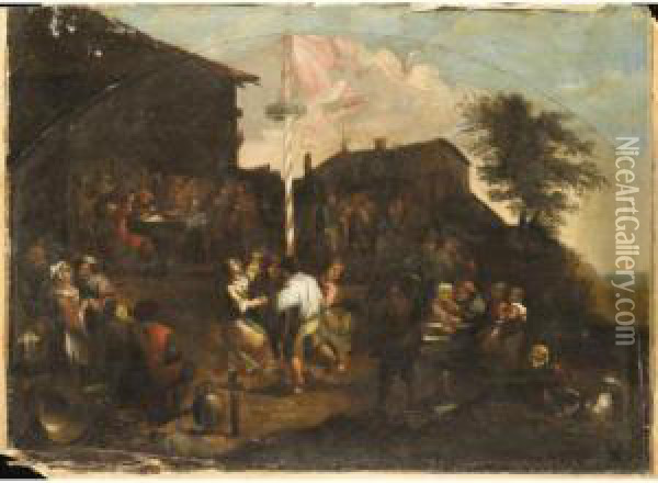 A Village Fete With Figures Outside A Tavern Merrymaking And Dancing Round A Maypole Oil Painting - Gillis van Tilborgh