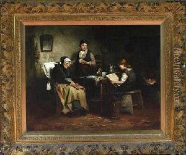 An Interior Scene With Figures Of A Grandmother, A Mother And Child Reading Oil Painting - Johannes Weiland
