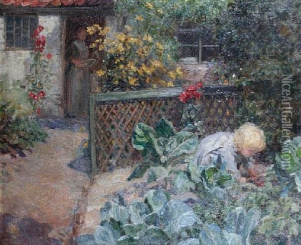 A Cottage Garden (staithes?) Oil Painting - Frederick Stead