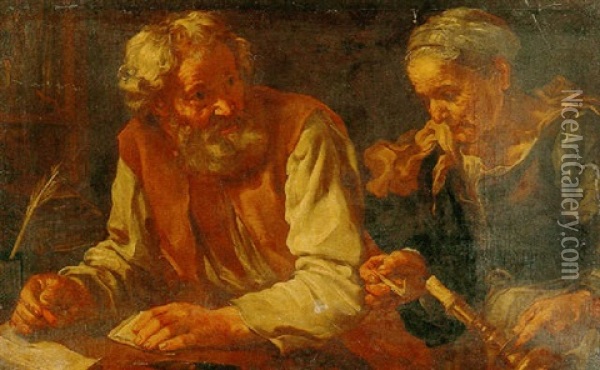 An Old Man And Woman Placing A Wax Seal On A Letter Oil Painting - Bernhard Keil