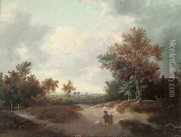A wooded landscape with a peasant couple on a track Oil Painting - Jacob Van Ruisdael
