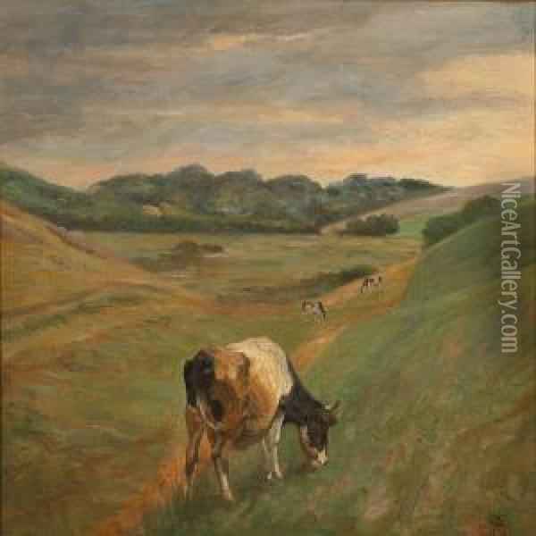 Landscape With Grazing Cows Oil Painting - Johannes Resen-Steenstrup