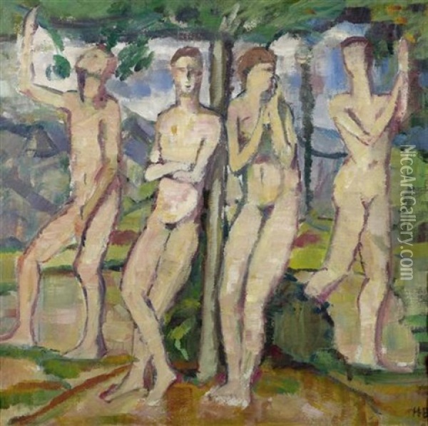Vier Figuren In Einer Landschaft Oil Painting - Hans Bruhlmann