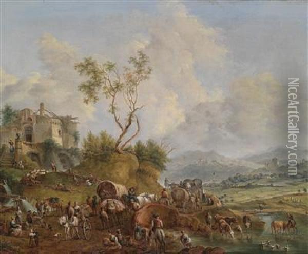 A River Landscape With Numerous Figures And Horse-drawn Vehicles Oil Painting - Johann Christian Brand