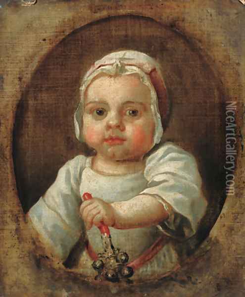 Portrait of a child, traditionally identified as Anne Strode, bust-length, in white dress and bonnet, holding a rattle in her left hand Oil Painting - Joseph Highmore