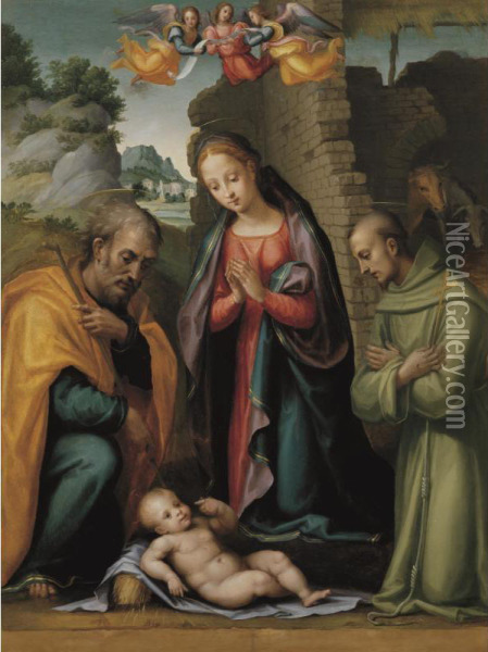 The Holy Family With Saint Francis Oil Painting - Giovanni Antonio Sogliani