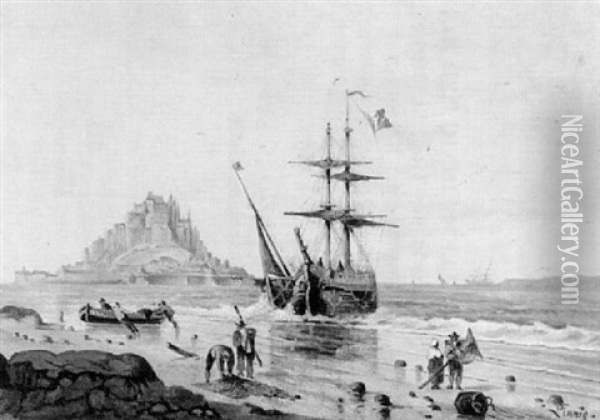 Ansicht Des Mont St. Michel, Im Vordergrund Segelschiffe Und Fischer Oil Painting - Willem Linnig the Elder