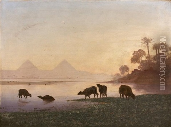 Vaches S'abreuvant Dans Le Nil Au Pied Des Pyramides Oil Painting - Charles Theodore (Frere Bey) Frere