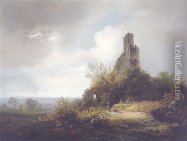 Burg Mit Weiter Landschaft, Im Vordergrund Ein Jager Oil Painting - Rudolf Alers