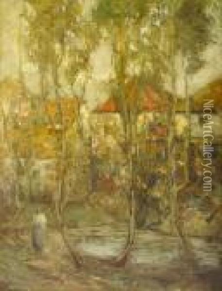 A Village Viewed Through Trees Oil Painting - George Grosvenor Thomas