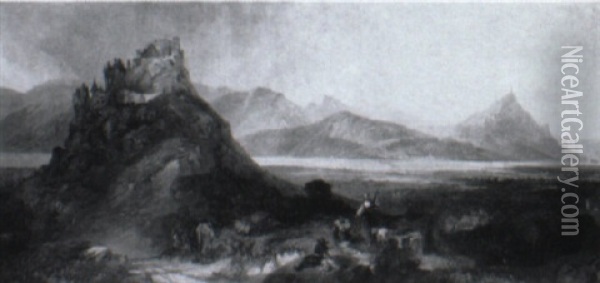 Figures On A Rocky Outcrop Of A River Valley Oil Painting - James Baker Pyne