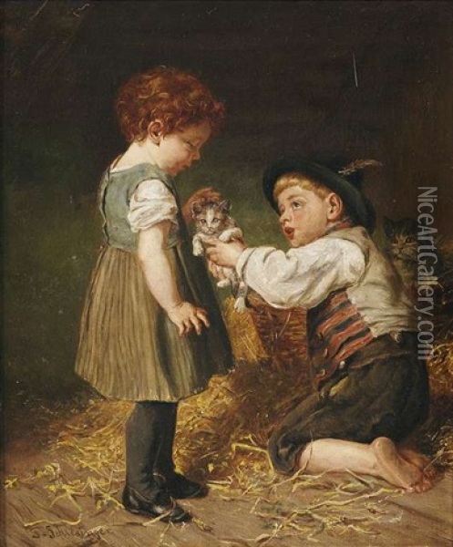 Zwei Kinder Mit Katzchen Im Stall Oil Painting - Felix Schlesinger