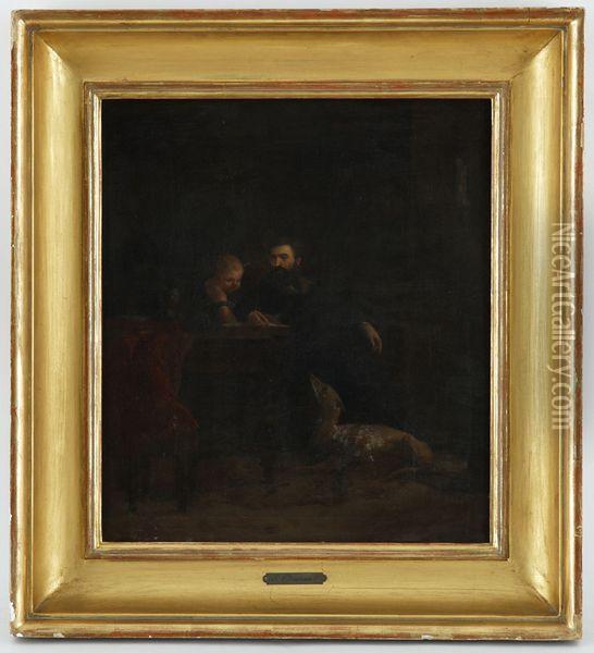 Scene D'interieur Avec Homme, Enfant Et Chien Oil Painting - Simon Durand