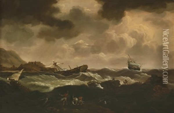 A Convoy In Distress Off The North African Coast Oil Painting - Charles Martin Powell