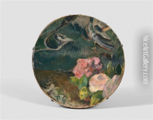 Fleurs Et Oiseau, Decor De Tambourin Oil Painting - Paul Gauguin