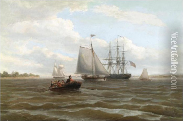 An American Frigate At Anchor In An Estuary Oil Painting - Thomas Luny