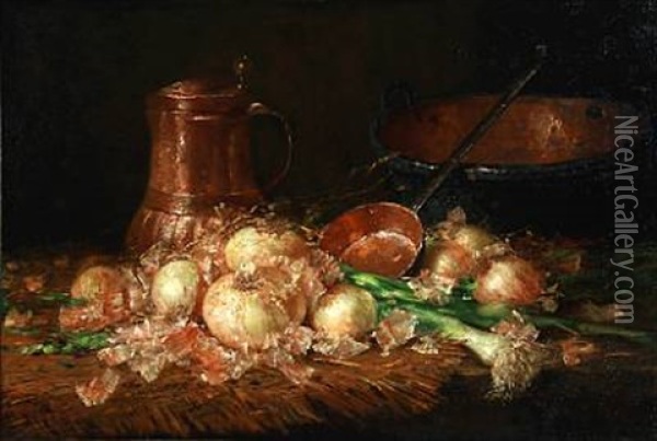 Still Life With Onions And Leeks On A Table Oil Painting - Eilse Hedinger