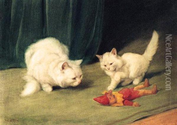 Two White Persians With A Wooden Toy Oil Painting - Arthur Heyer