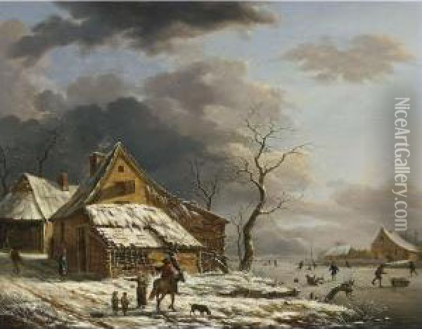 A Winterlandscape With Figures By A Farm Oil Painting - Henri Voordecker