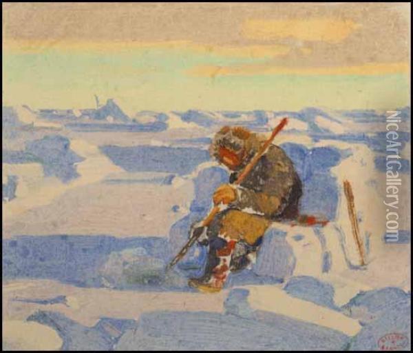 Le Grand Silence Blanc ~ Ice Fishing Oil Painting - Clarence Alphonse Gagnon