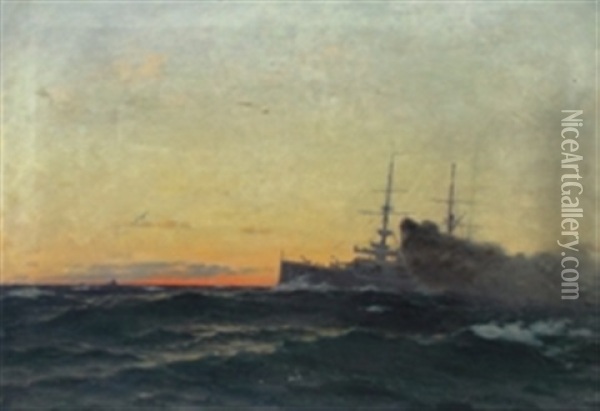 Angeschossenes Kriegsschiff Des 1. Weltkrieges Oil Painting - Franz Karl Herpel