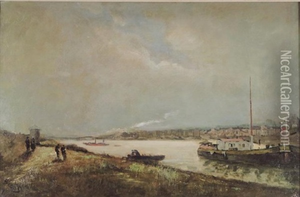 French River Scene With Boats And Stroller On Bank Oil Painting - Frank Myers Boggs