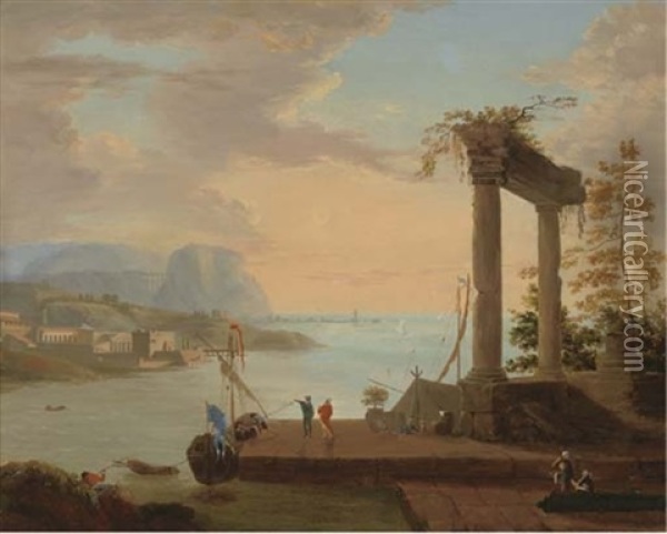 Unloading Cargo By The Ruins Oil Painting - Jakob Christoph Bischoff