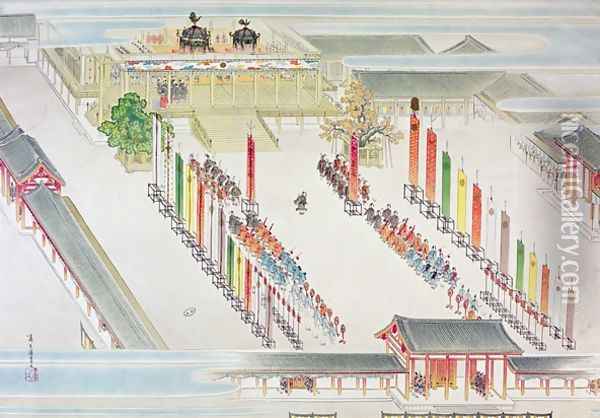 Ceremonial scene at the accession of Emperor Hirohito 1901-89 Oil Painting - Shokoku Ikai