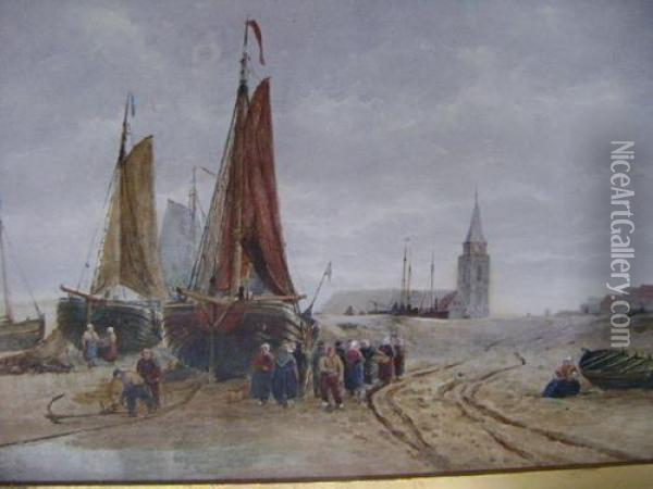 Figures Gathered Around Fishing Boats Oil Painting - Thomas Bush Hardy