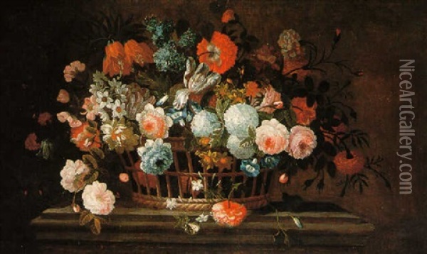 A Still Life Of A Basket Of Roses, Paeonies And Other Flowers With A Cabbage White Butterfly On A Marble Ledge Oil Painting - Pieter Hardime