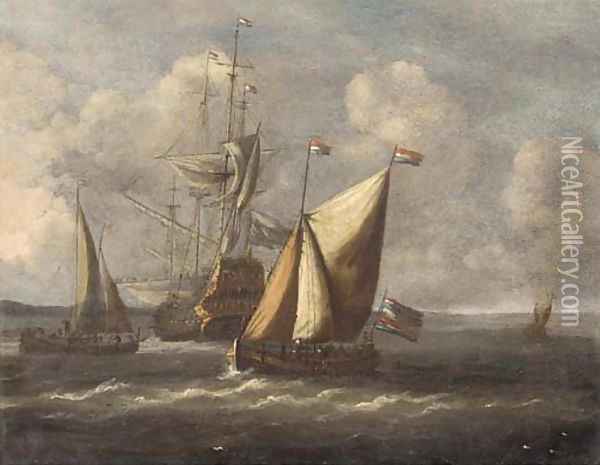 Barges before a Dutch man-o'war Oil Painting - Abraham Jansz Storck
